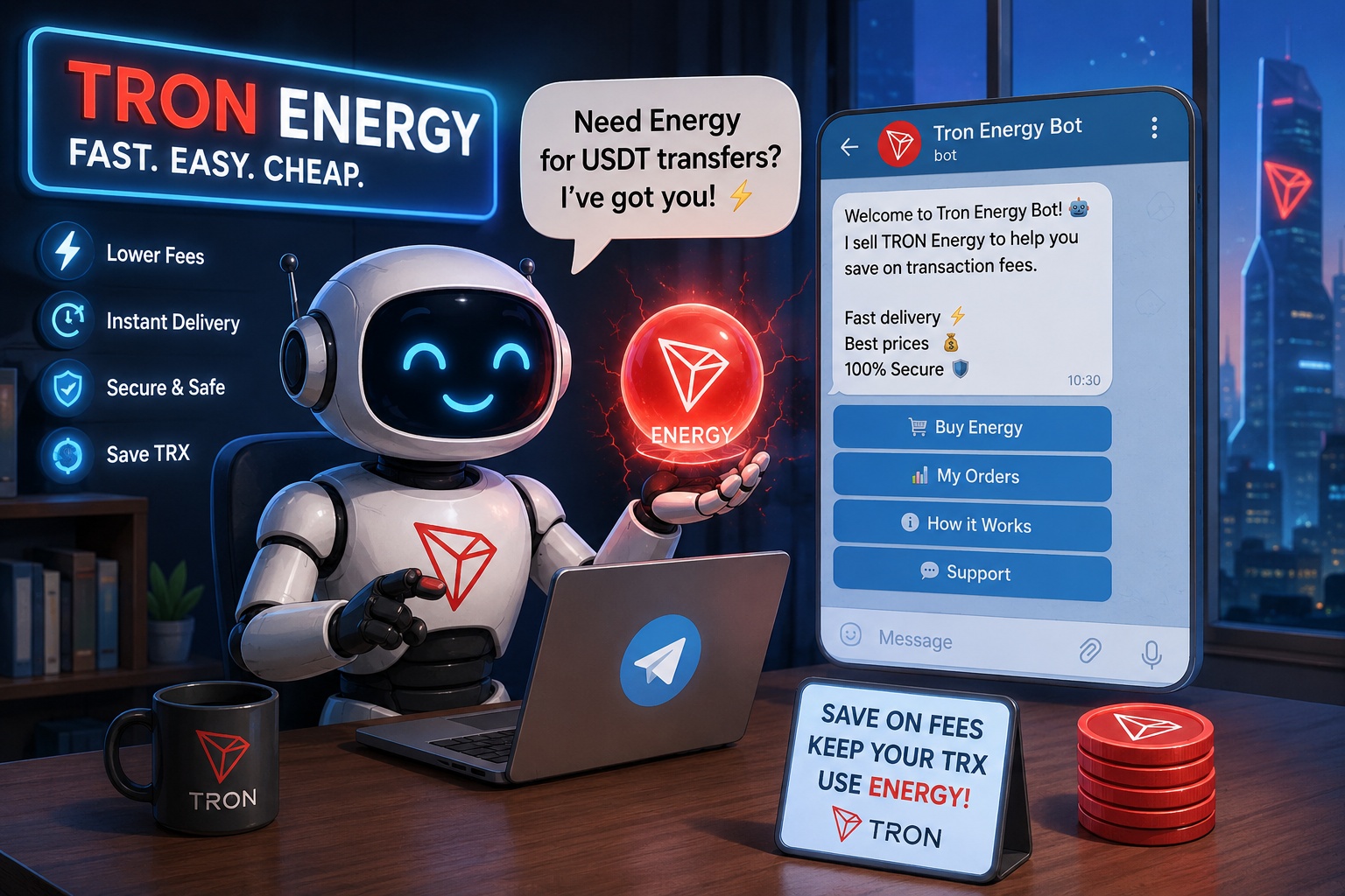 Telegram-бот для аренды энергии TRON: робот помогает получить Energy для переводов USDT TRC-20 и снизить комиссии сети TRON