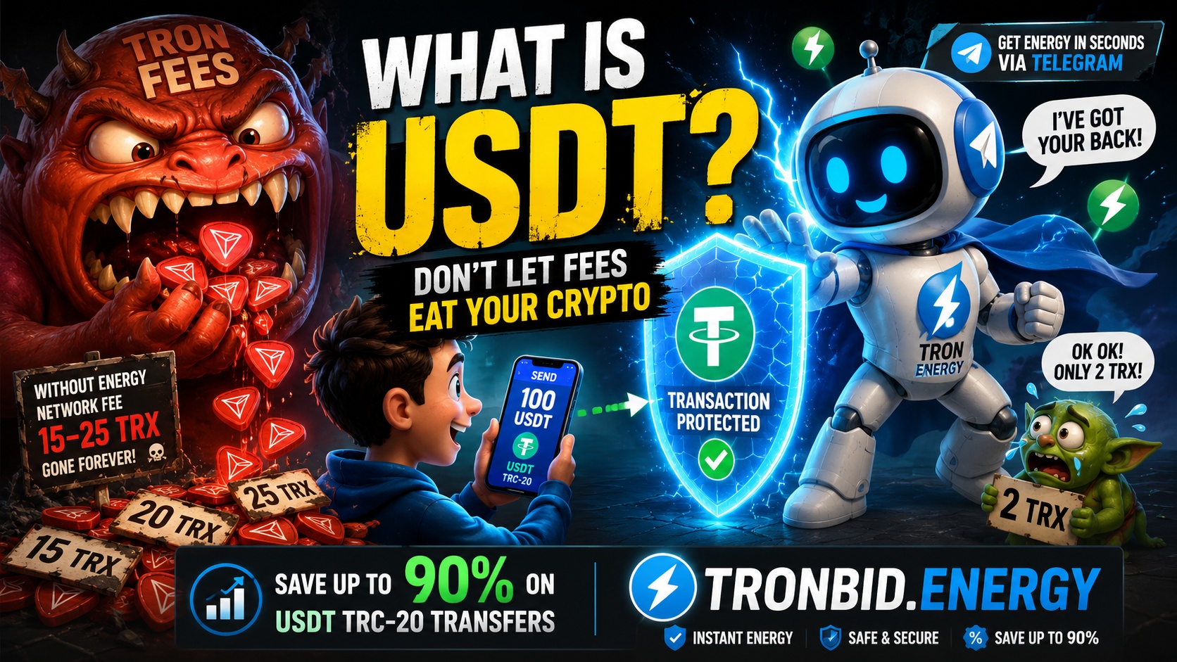 在 TRON 网络中使用 TRON Energy 降低 USDT TRC-20 转账手续费的示意图。通过 TronBid Energy 租赁能量,发送 USDT Tether 时最高可节省 90% 的手续费。