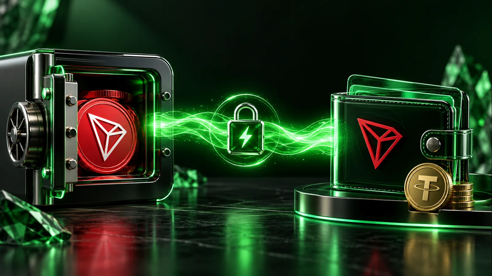 A locked green Energy bridge connects a staking vault to a TRON wallet while TRX remains in the vault.