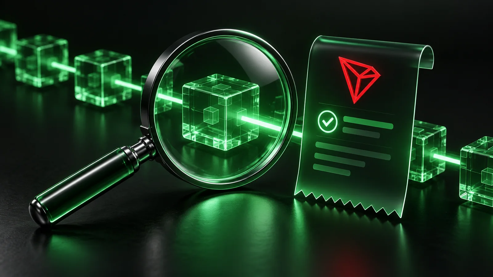 绿色放大镜在交易回执旁检查 TRON 交易链路。