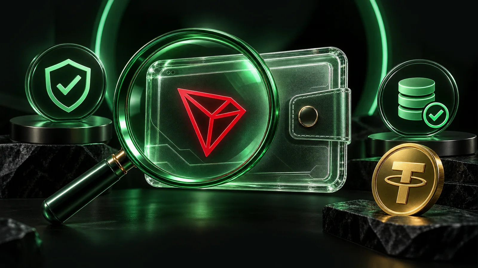绿色放大镜检查 TRON 钱包卡片及资源和身份指示图形。