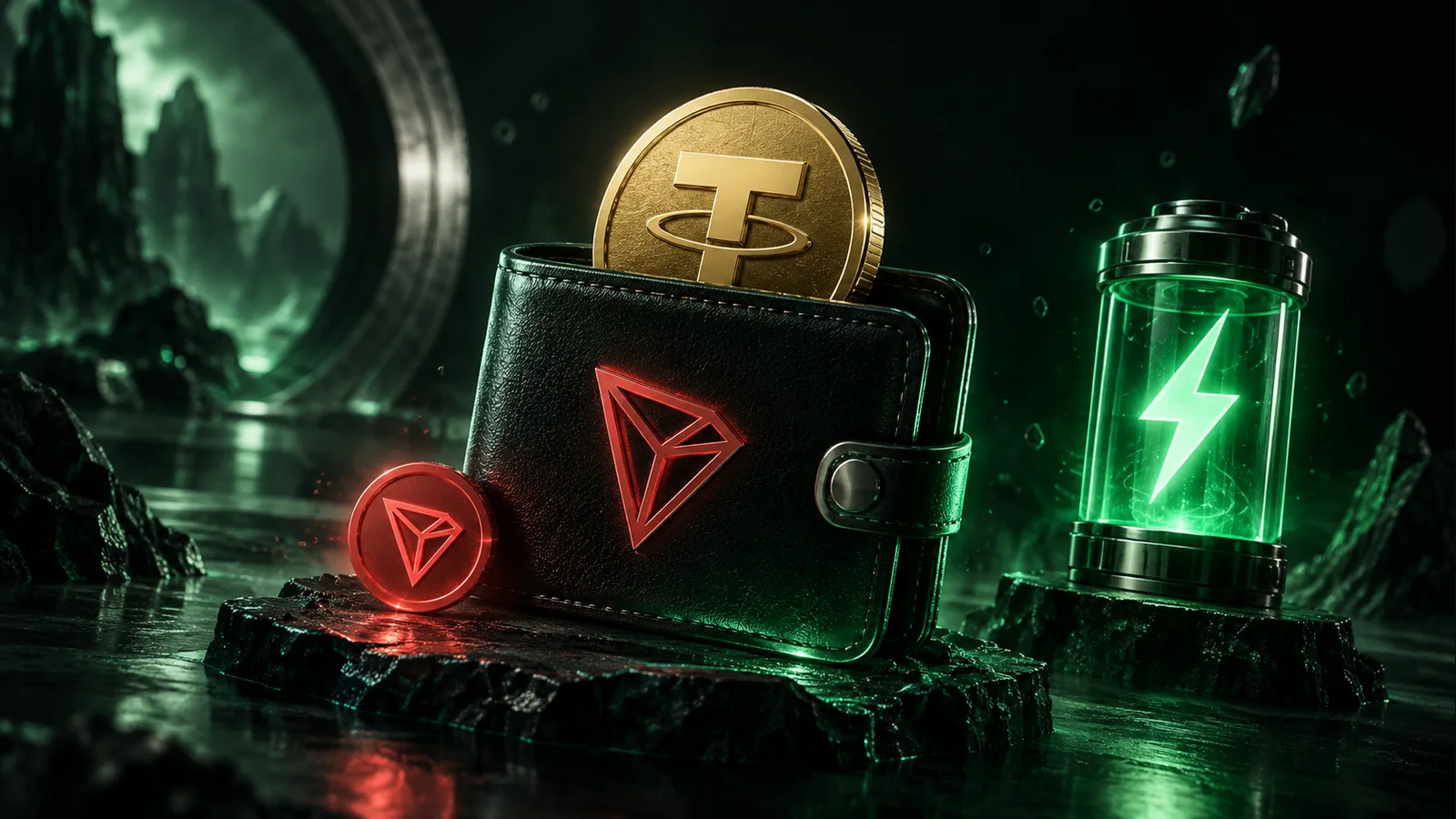 A wallet with USDT sits beside a small TRX reserve and a separate green Energy capsule.
