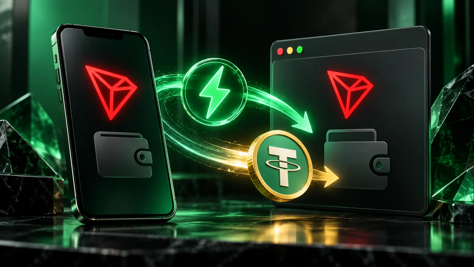 Мобильный и браузерный кошельки TRON показывают путь Energy рядом с переводом USDT.