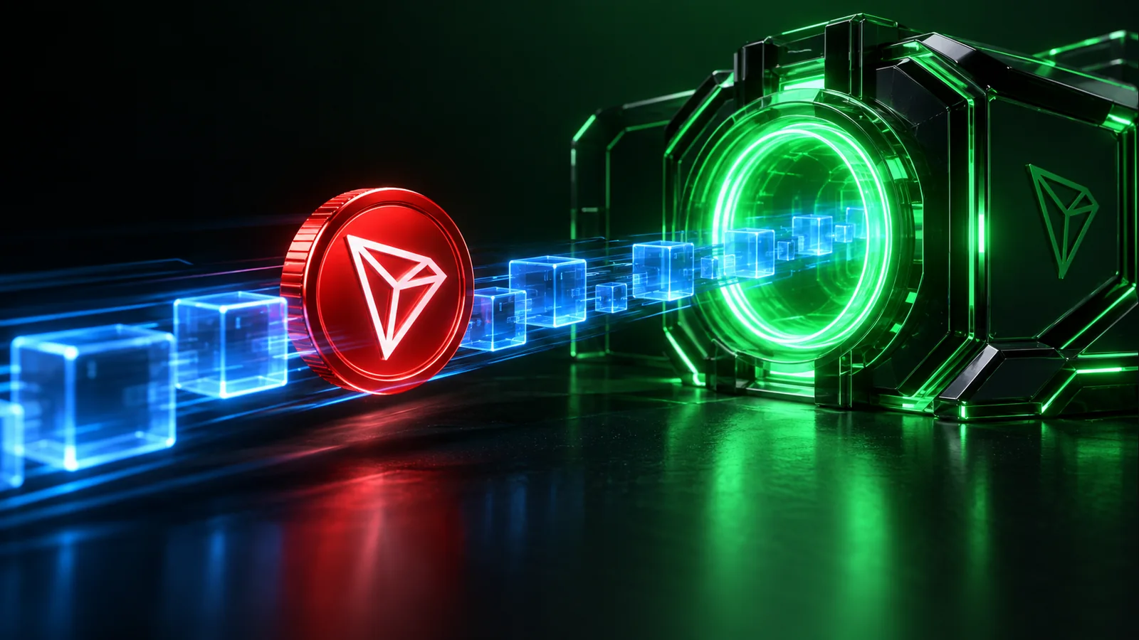 Красная TRX движется вместе с синими пакетами данных через зелёный сетевой шлюз.