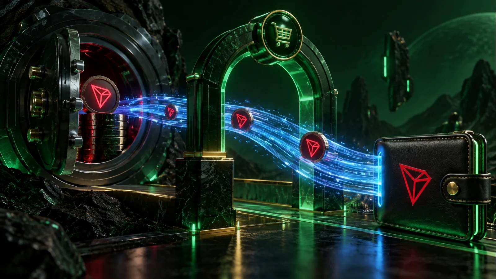 Blue Bandwidth streams connect a TRON staking vault to a wallet through a green marketplace arch.
