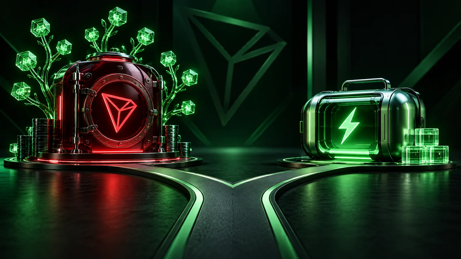 A branching path leads toward a TRX staking vault and a separate on-demand Energy capsule.