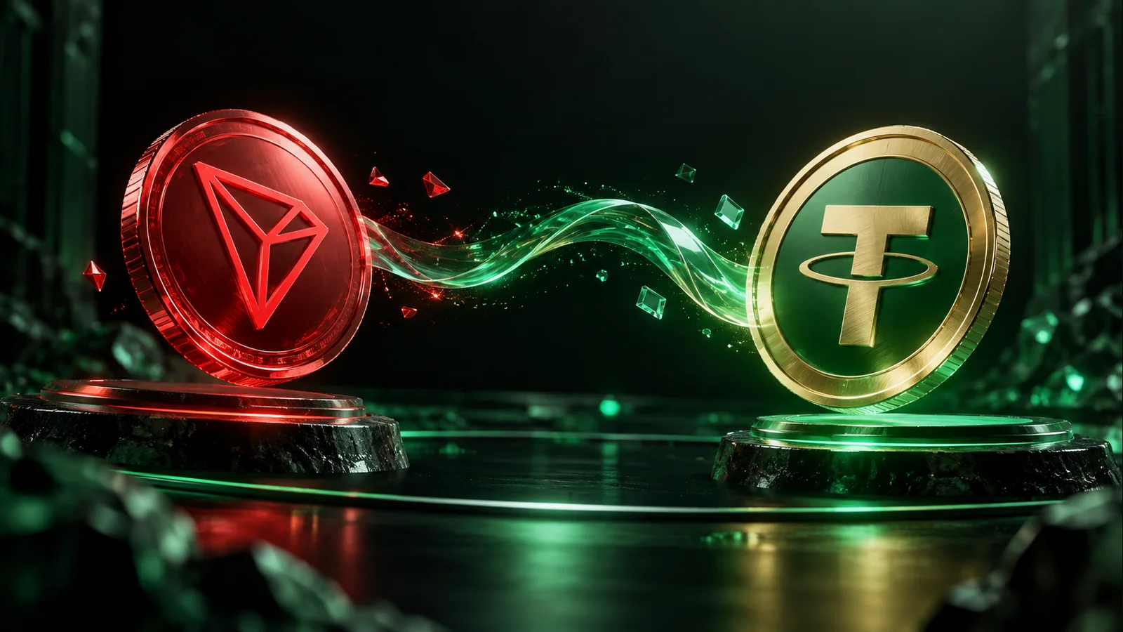 Красная монета TRX превращается в золотую USDT вдоль светящейся зелёной ленты обмена.