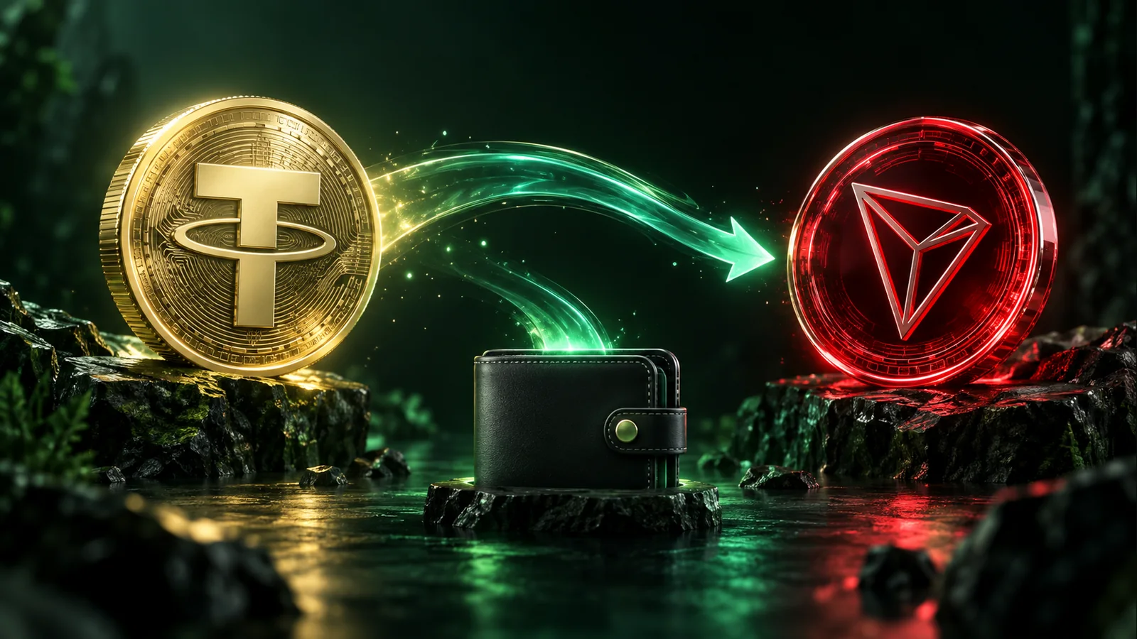 Золотая монета USDT движется по зелёной дуге обмена к красной монете TRX и кошельку.