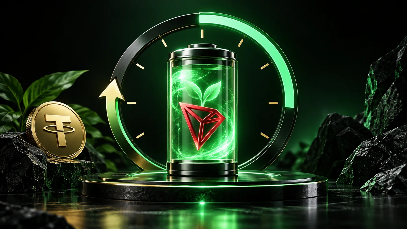 A green Energy capsule gradually refills inside a circular clock arc with a red TRON accent.