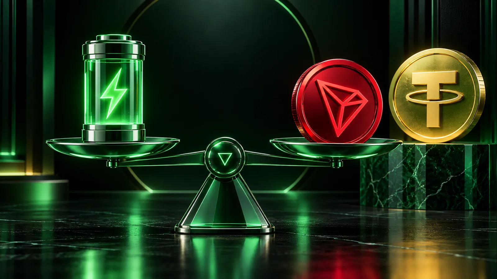 Зелёная капсула Energy на весах напротив красной TRX, за ними золотая USDT.
