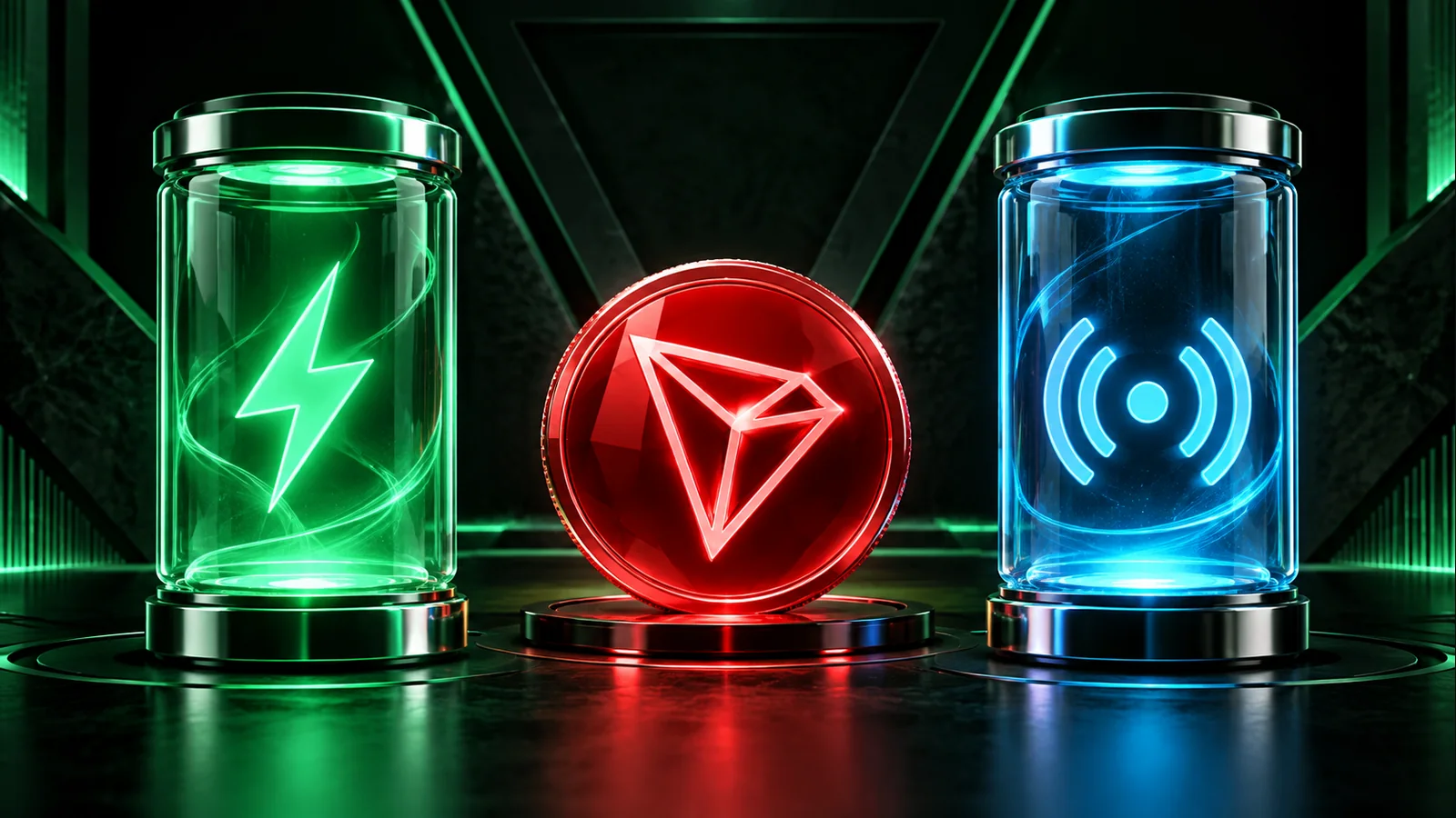 Green Energy and blue Bandwidth capsules stand on either side of a red TRON coin.