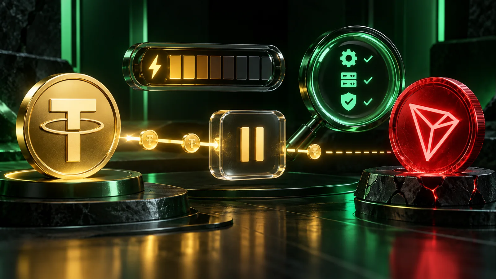 An amber Energy gauge pauses a USDT transfer beside a green diagnostic lens and TRX coin.