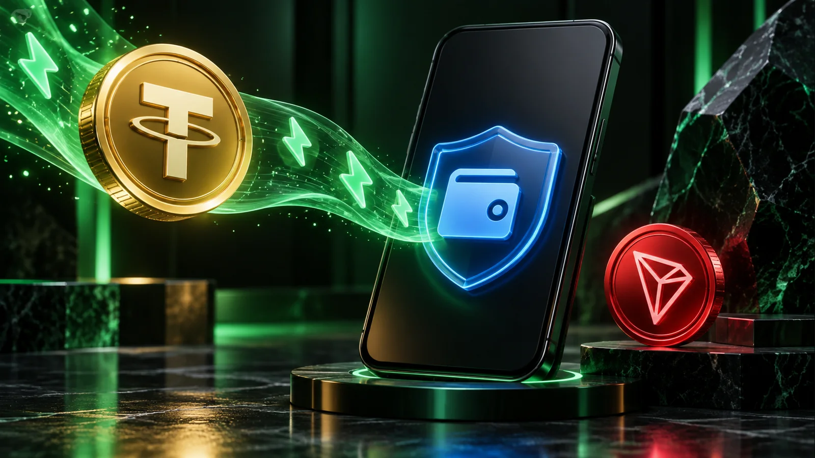 Кошелёк с синим щитом на телефоне получает зелёную Energy рядом с монетами USDT и TRX.
