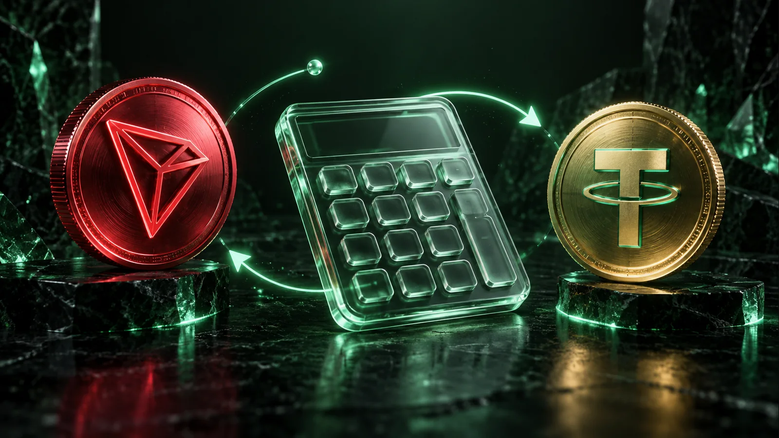 Стеклянный калькулятор между красной монетой TRX и золотой USDT с зелёными измерительными дугами.