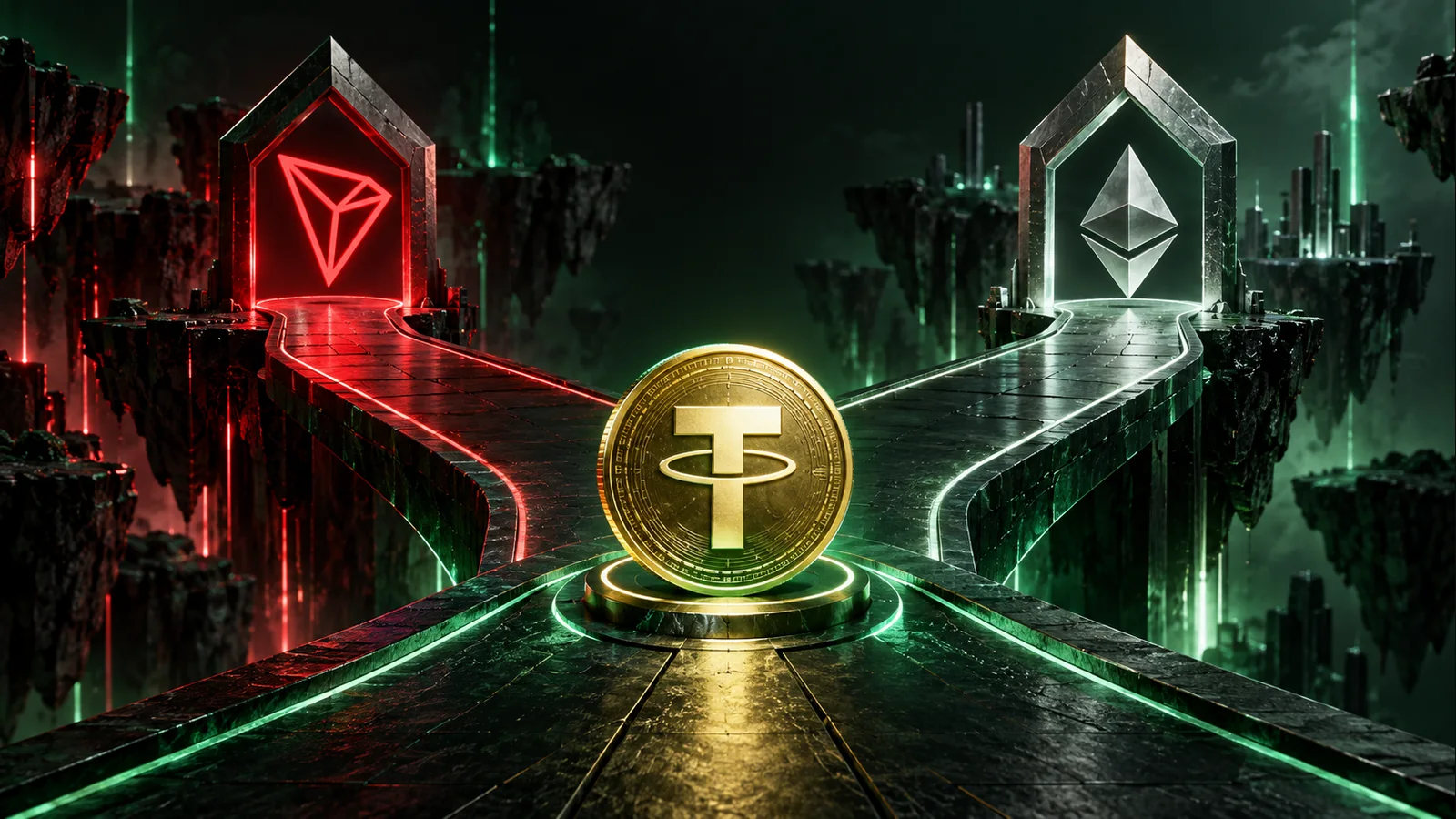 A gold USDT coin faces separate TRON and Ethereum gateways on two blockchain paths.
