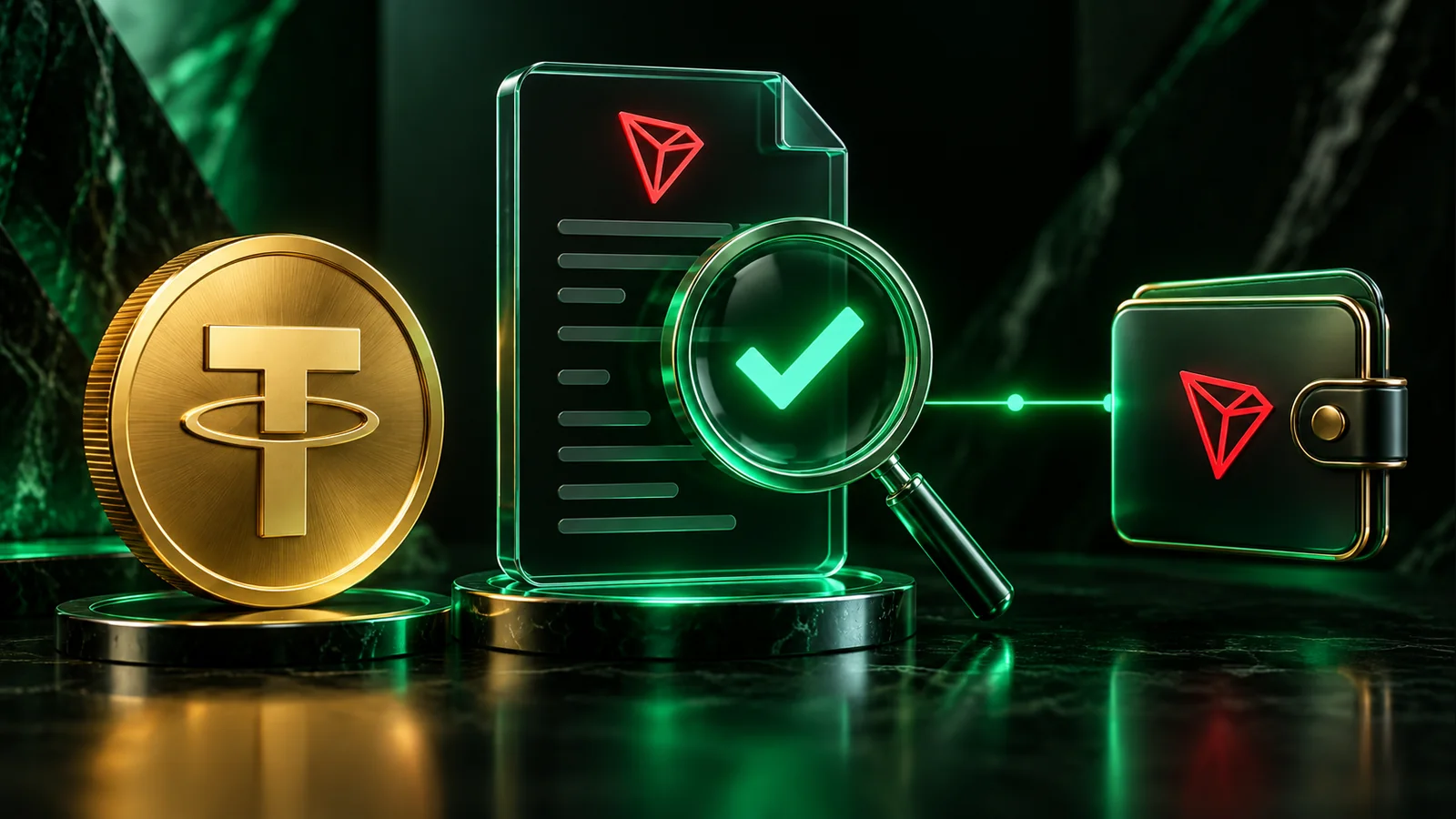 Золотая USDT и документ контракта под зелёной лупой рядом с кошельком получателя.