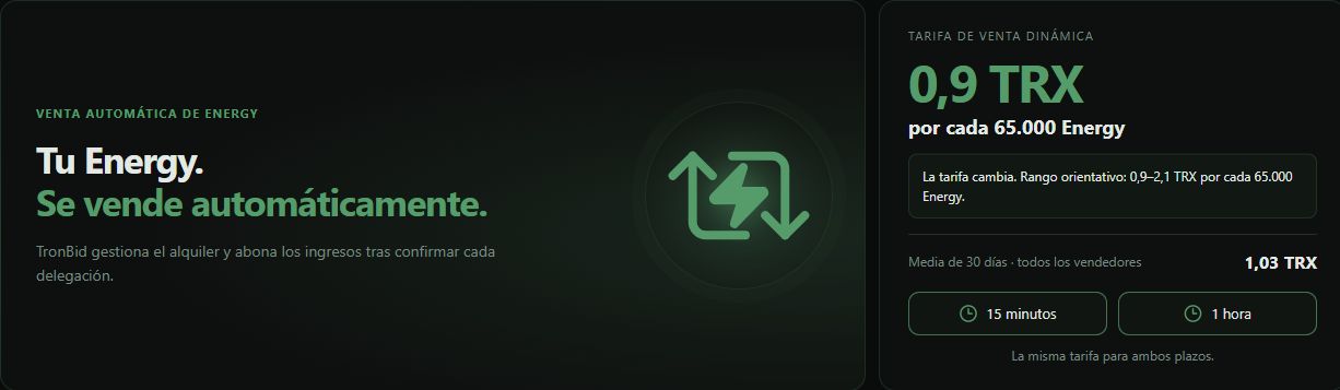 Venta automática de TronBid: venta de Energy y tarjeta de tarifa dinámica.
