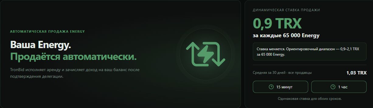 Автоматическая продажа TronBid: продажа энергии и карточка динамической ставки.