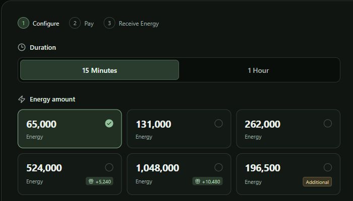 TronBid Quick Rent: choose a rental term and an Energy package for the Trust Wallet sending address.