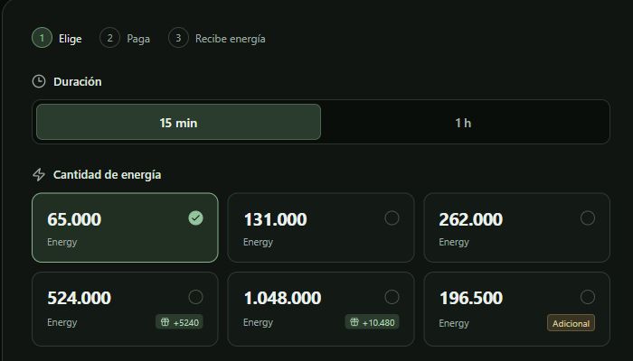 Selección de paquete y plazo en TronBid Quick Rent para una cuenta habitual de TronLink.