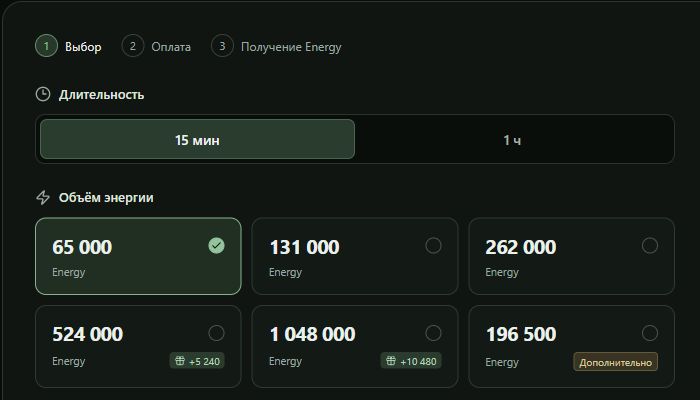 Выбор срока и пакета Energy в TronBid Quick Rent для адреса отправителя в Trust Wallet.
