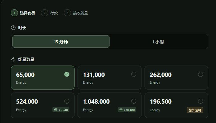 TronBid Quick Rent 中面向 TronLink 普通账户的 Energy 套餐和租期选择。