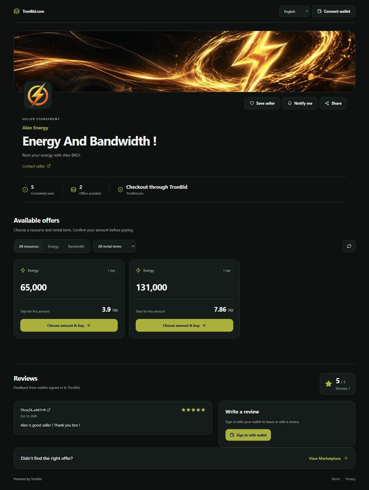 Alex Energy test storefront showing branding, available offers and wallet-authenticated reviews.