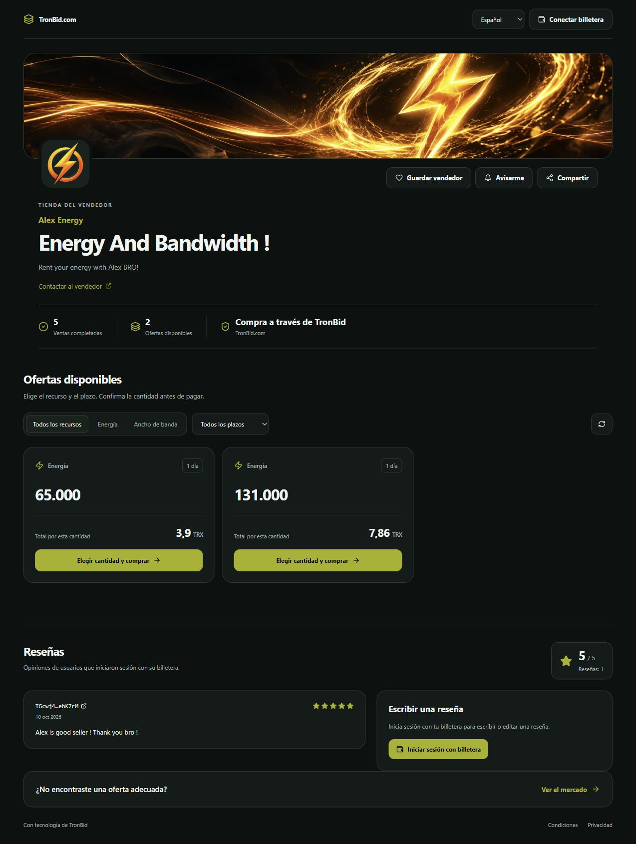 Tienda de prueba Alex Energy con su diseño, ofertas disponibles y reseñas de usuarios autenticados con billetera.