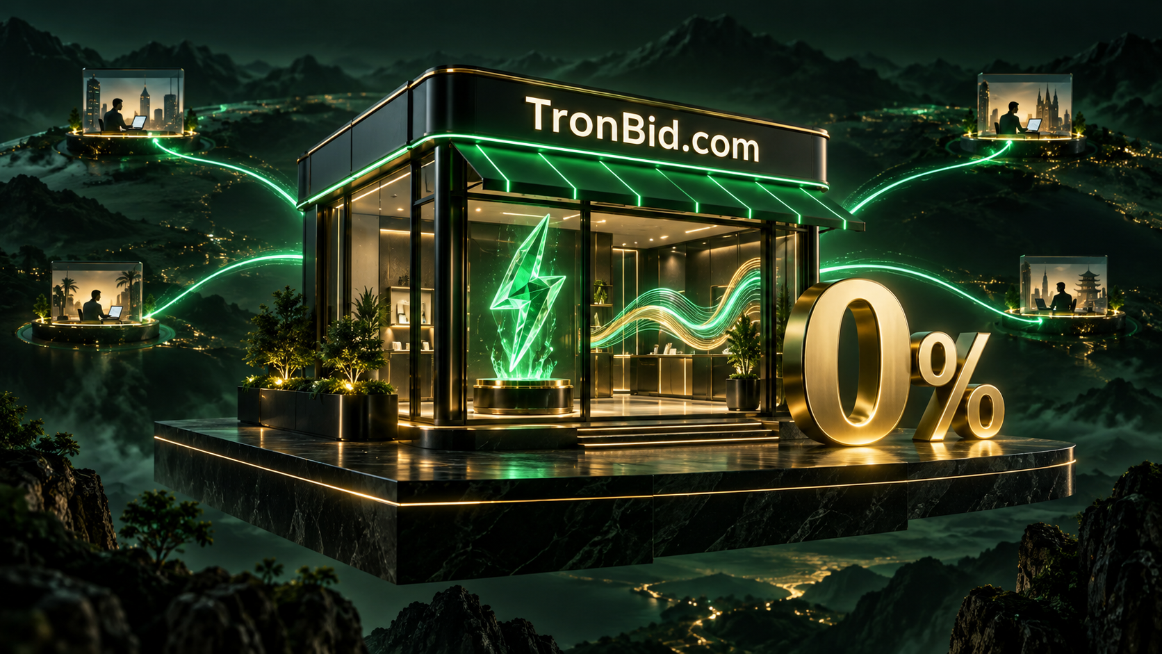 TronBid 品牌资源店铺,展示 Energy、Bandwidth 与 0% 卖家佣金。