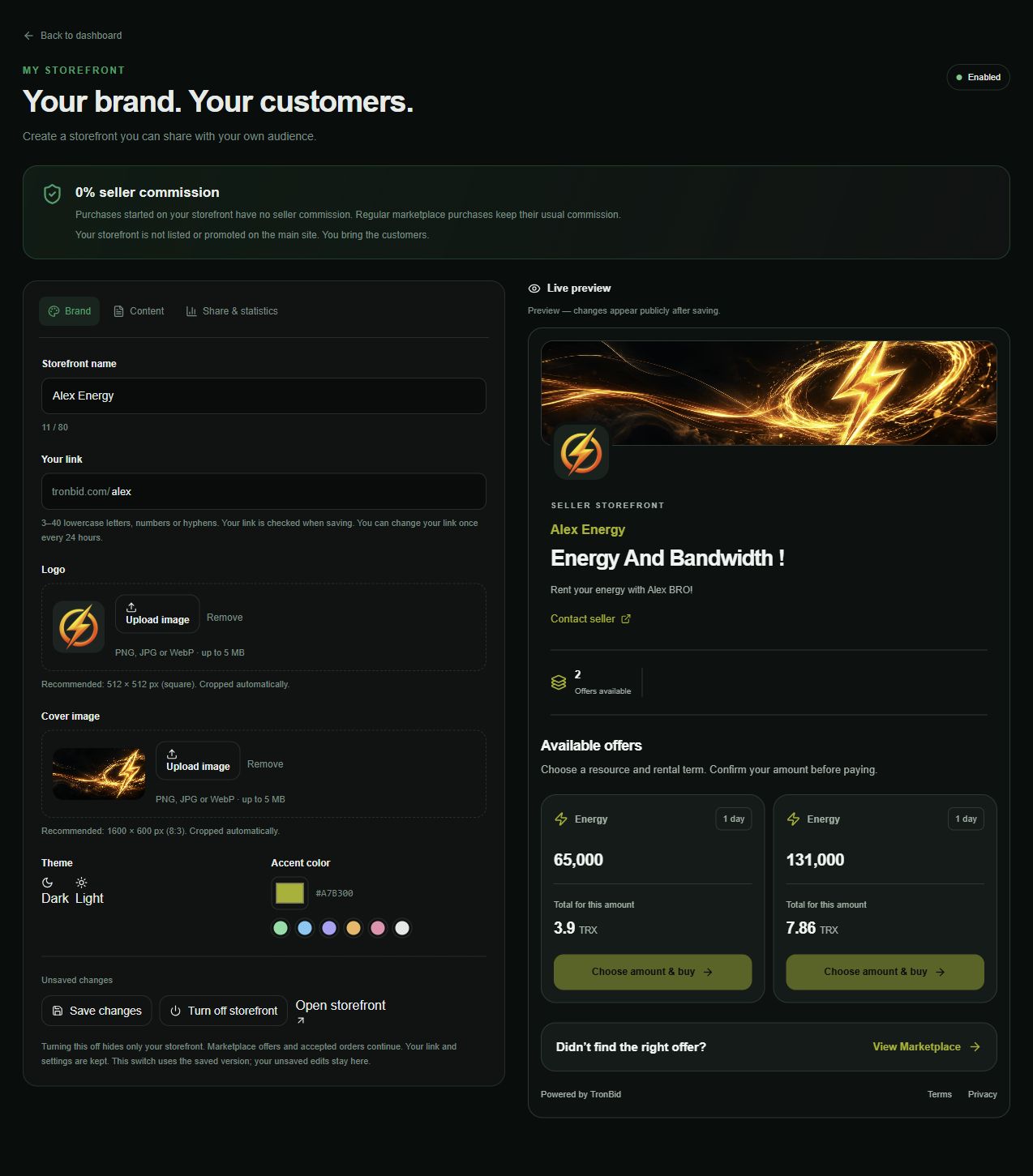 TronBid storefront editor with Alex Energy name, link, logo, cover and page preview.