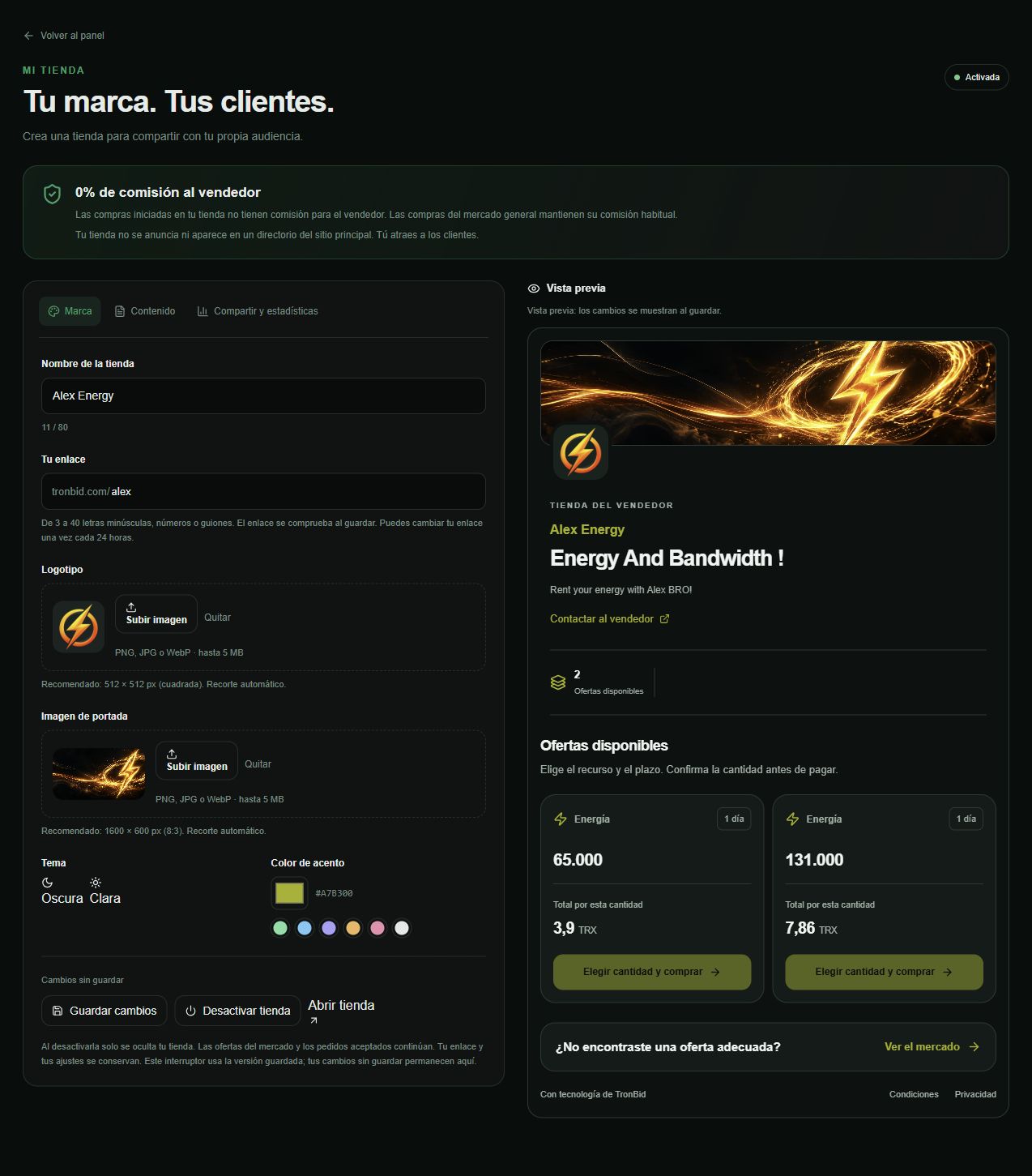 Editor de TronBid con el nombre Alex Energy, enlace, logotipo, portada y vista previa.
