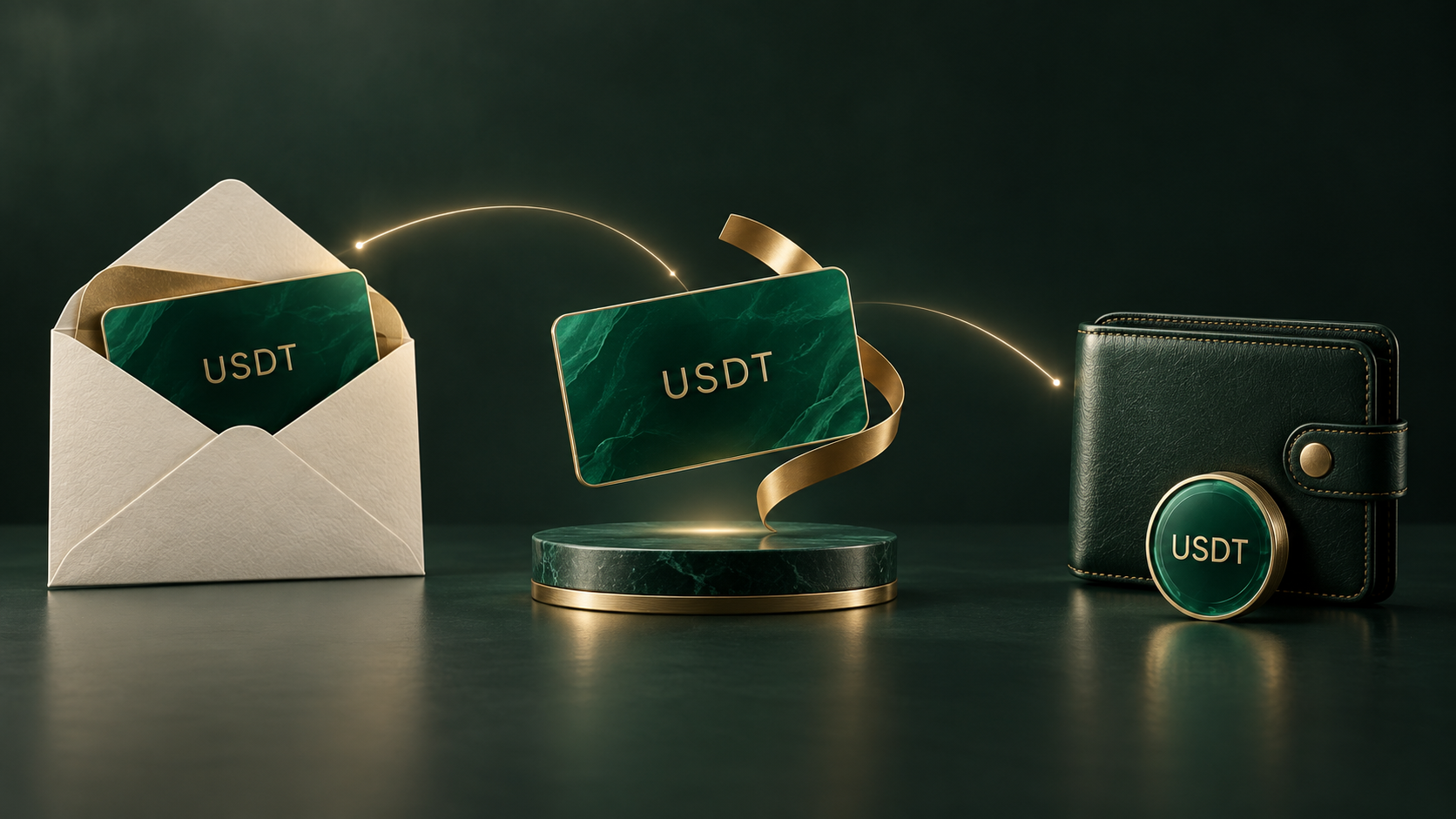 Conceptual illustration of a USDT gift moving from an envelope to a card and recipient wallet