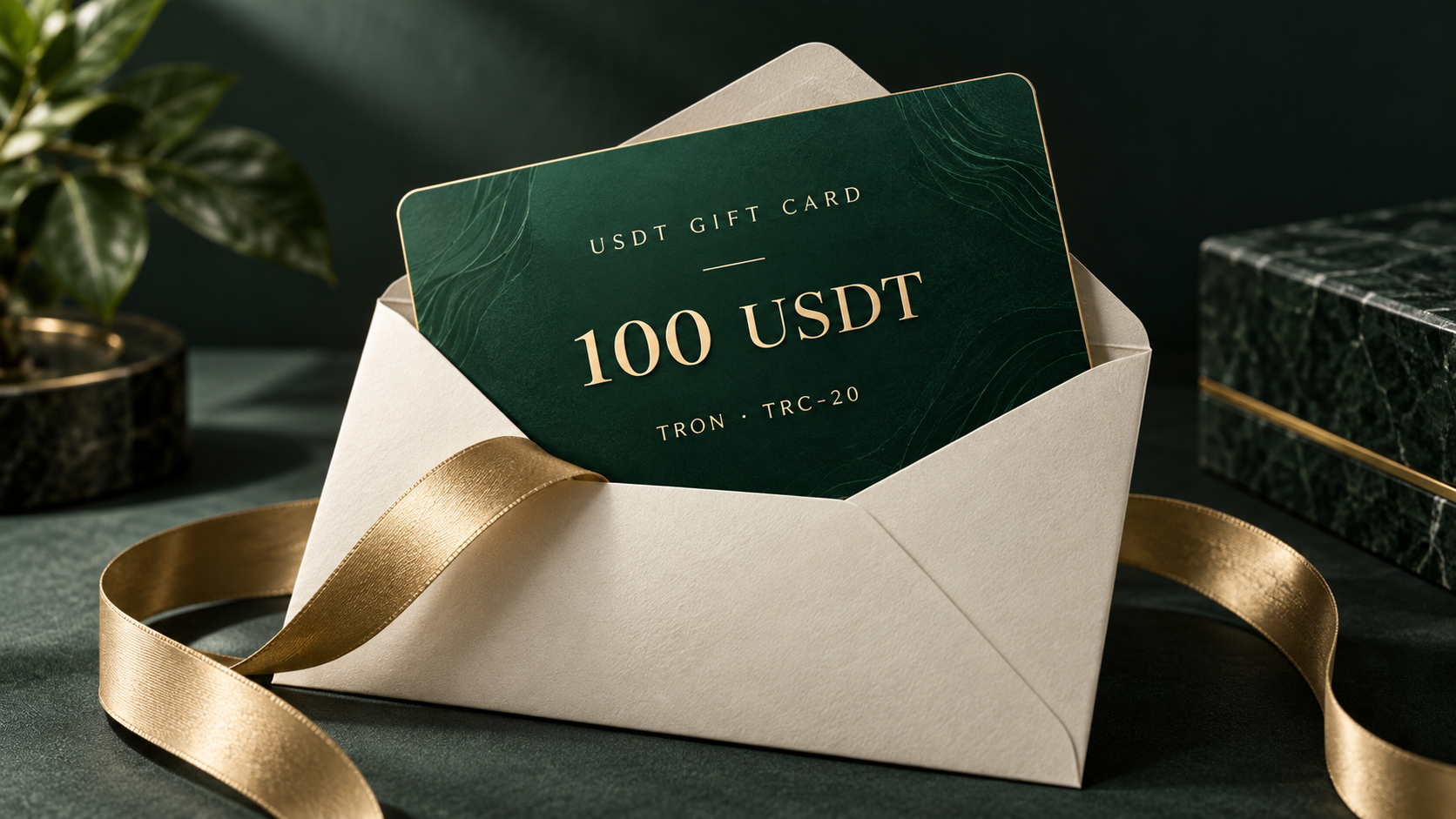 Editorial illustration of a 100 USDT gift card in an ivory envelope